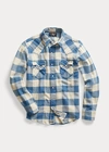 Double Rl Slim Fit Plaid Twill Western Shirt In Rl 158 Indigo Cream