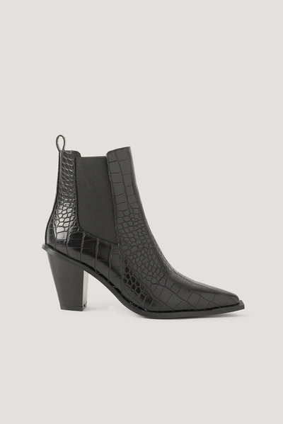 Na-kd Croc Pointy Block Heel Boots - Black