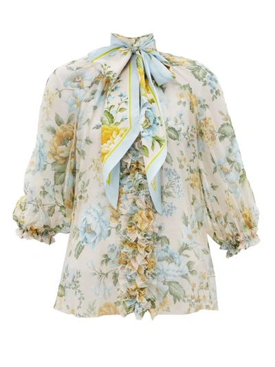 Zimmermann Lucky Floral-print Pussy-bow Silk-crepe Blouse In Blue Multi