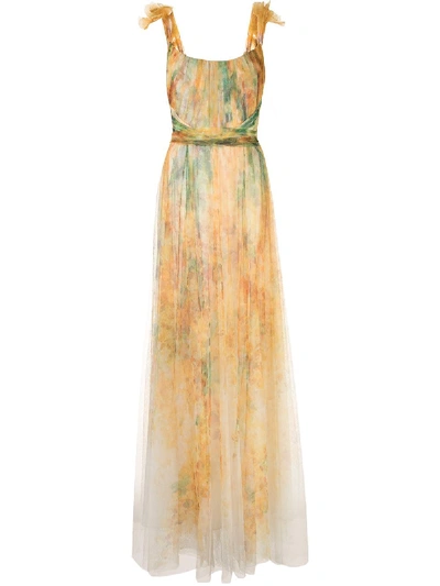 Marchesa Notte Appliquéd Pleated Printed Tulle Gown In Yellow