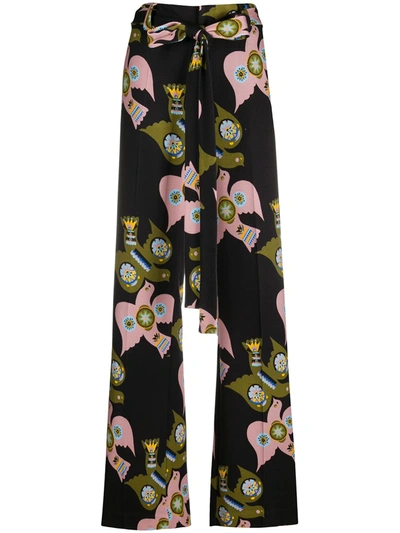La Doublej Bird Print Slit Trousers In Black