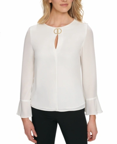 Dkny Bell Sleeve Keyhole Top In White