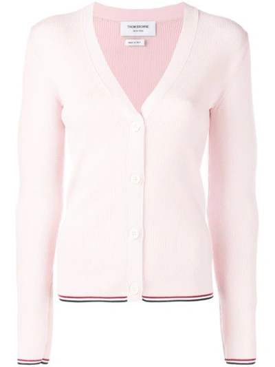 Thom Browne Stripe Silk Back Merino Wool Cardigan In Pink