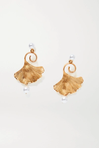 Oscar De La Renta Pearl Embellished Gingko Earrings In Gold