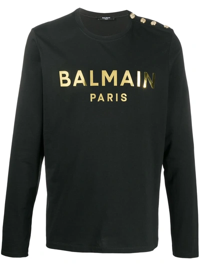 Balmain Button-embellished Logo Print T-shirt In Black