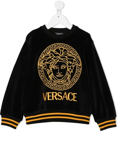 Young Versace Teen Medusa-embroidered Velour Sweatshirt In Nero.