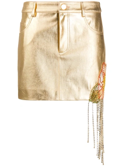 Area Crystal Flower Metallic Denim Miniskirt In Gold