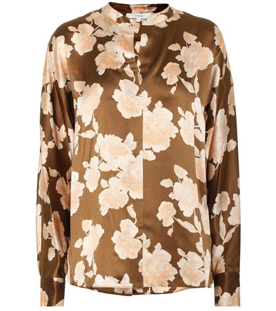 Vince Brown Floral-print Silk-satin Blouse In Amber