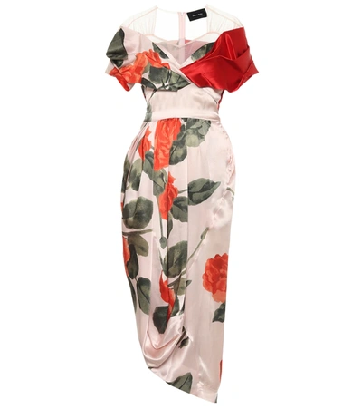 Simone Rocha Asymmetric Tulle-paneled Floral-print Silk-satin Midi Dress In Multi