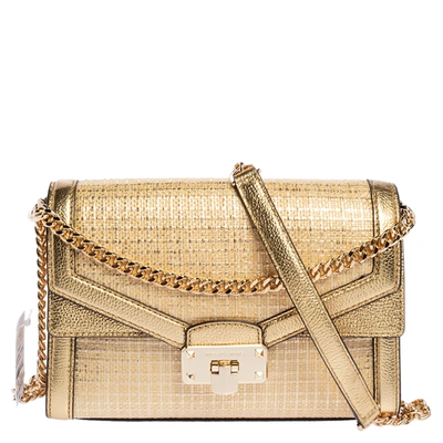Pre-owned Michael Kors Gold Straw And Leather Kinsley Shoulder Bag