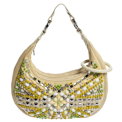Pre-owned Chloé Light Beige Canvas And Leather Crystal Embellished Crescent Hobo