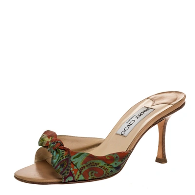 Pre-owned Jimmy Choo Multicolor Printed Satin Bow Slides Size 36