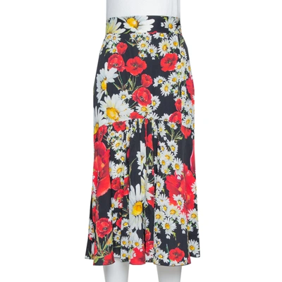 Pre-owned Dolce & Gabbana Black Daisy & Poppy Print Silk Midi Skirt M