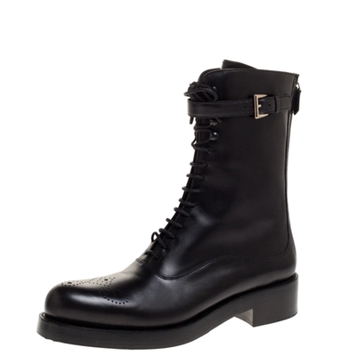 Pre-owned Prada Black Leather Combat Boots Size 38