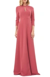 Kay Unger Hannah Jewel-neck 3/4-sleeve Stretch Crepe Gown In Rose