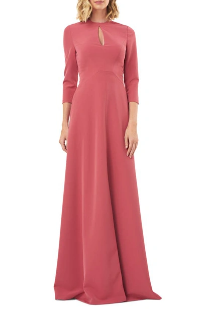 Kay Unger Hannah Jewel-neck 3/4-sleeve Stretch Crepe Gown In Rose