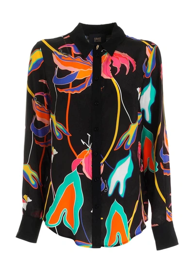 Class Roberto Cavalli Joys Multicolor Print Crepe Shirt In Black
