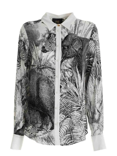 Class Roberto Cavalli Jungle Print Crepe Shirt In Black And White