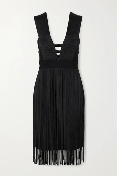 Herve Leger Fringed Cutout Stretch-knit Dress In Black