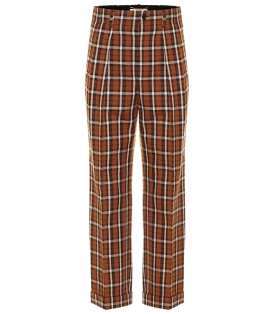 Saint Laurent Cropped Pleated Checked Wool Straight-leg Pants In Marron Caramel Beige