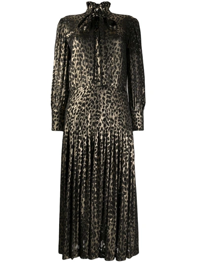 Saint Laurent Pussy-bow Pleated Leopard-print Fil Coupé Silk-blend Lamé Midi Dress In Black
