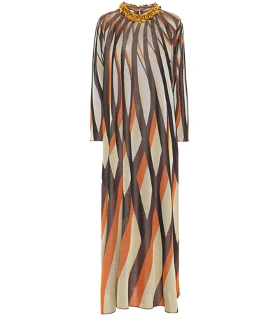 Gucci Embellished-collar Jacquard-stripe Lurex Dress In Orange