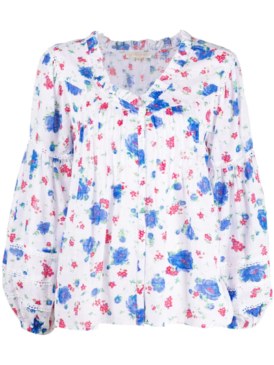 Loveshackfancy Levine Floral-print Cotton-voile Blouse In White