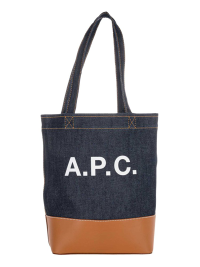 A.p.c. Axel Denim And Leather Shopping Bag In Blue In Caramel