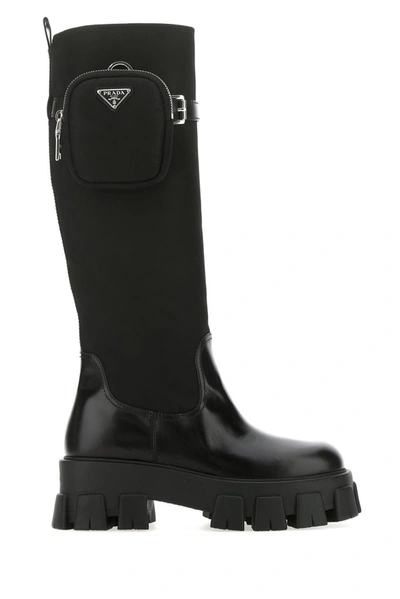 Prada Pouch Embellished Boots In Black