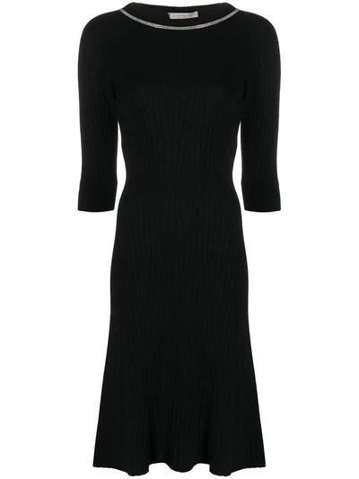 D-exterior Embellished Neck Ribbed Midi Dress In Black