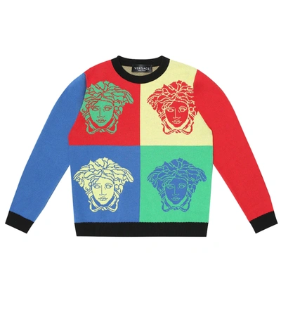 Versace Medusa Jacquard Knit Cotton Sweater In Multi Coloured