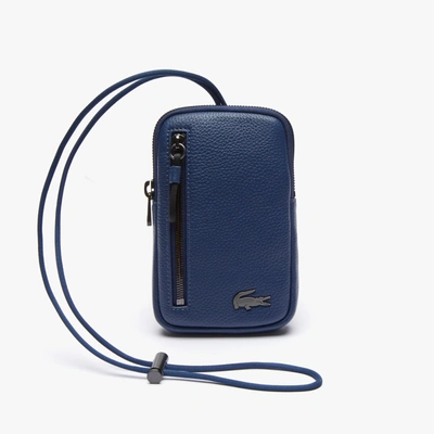 Lacoste Men's Soft Mate Matte Full-grain Leather Necklace Phone Wallet In Black