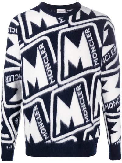 Moncler Logo Intarsia Wool Knit Sweater In Blue | ModeSens
