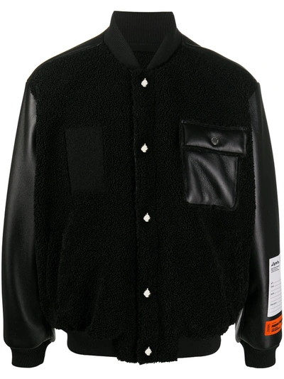 Heron Preston Cotton And Vegan Leather Varsity Bomber Jacket In Black