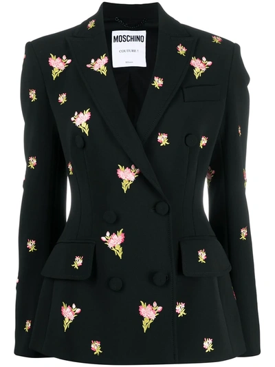 Moschino Women's Double Breasted Floral Embroidered Crepe Jacket In Black