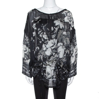 Pre-owned Roberto Cavalli Black Floral Print Silk Sheer Kaftan Blouse S