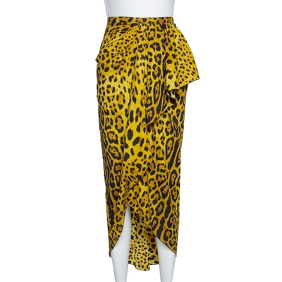 Pre-owned Dolce & Gabbana Chartreuse Leopard Print Silk Draped Midi Skirt L In Green
