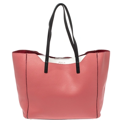 Pre-owned Furla Coral Orange/white Soft Leather Snap Tote
