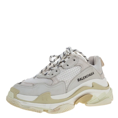 Pre-owned Balenciaga White/beige Leather And Mesh Triple S Trainer Sneakers Size 35