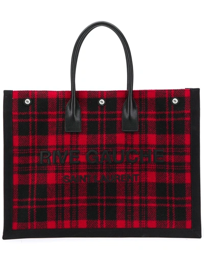 Saint Laurent Rive Gauche Linen And Leather Shopping Bag In Black