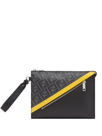 Fendi Cotton Clutch With Ff Motif And Leather Inserts In Black