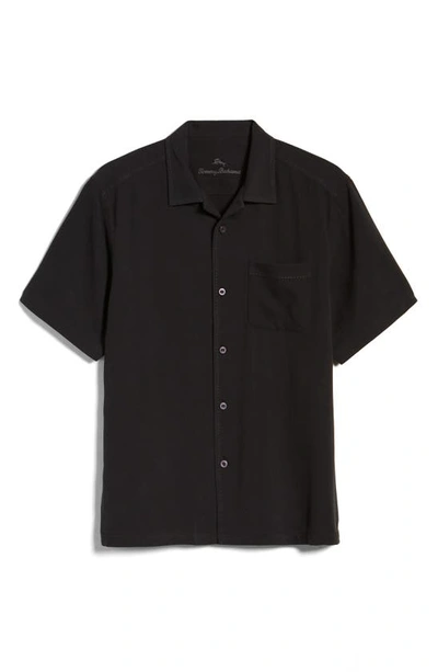 Tommy Bahama Herringbone Short Sleeve Silk Button-up Camp Shirt In Black