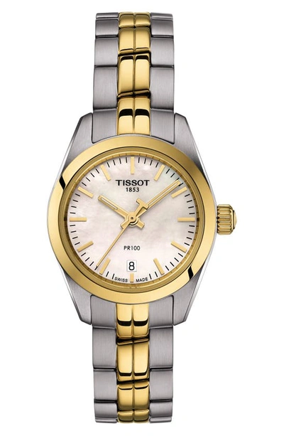 Tissot Pr 100 Lady Small Bracelet Watch, 25mm In Silver/ White Mop/ Gold