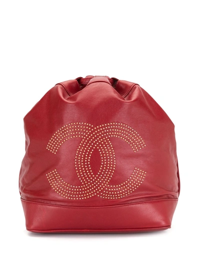 Pre-owned Chanel 1992 Cc Studded Drawstring Backpack In Red
