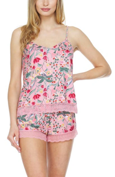 Flora Nikrooz Floral Nikrooz Zoe Lace Trim Printed Knit Cami & Shorts Pajama Set In Flower-rose