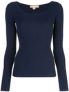 Michael Kors Stretch Jersey Open Neck Ribbed Top In Black
