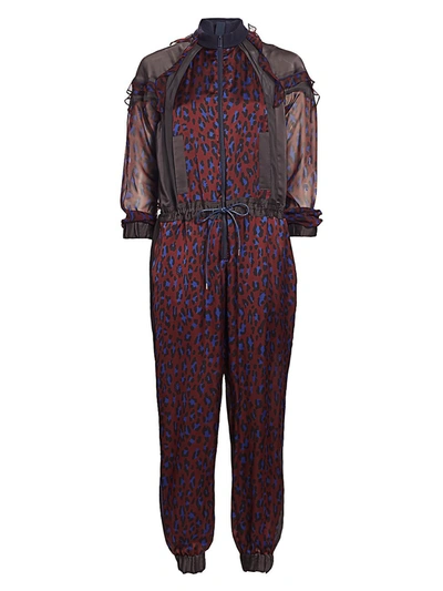 Sacai Women's Satin Ruffled Leopard-print Jumpsuit In Bordeaux