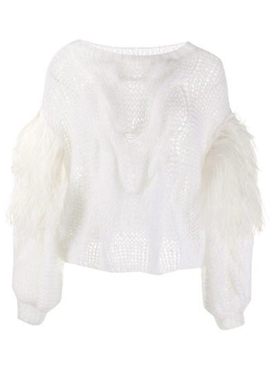 Loewe Feather-trimmed Cable-knit Mohair-blend Jumper In White