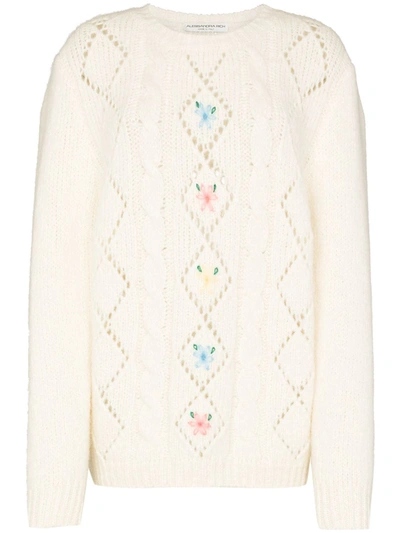 Alessandra Rich Floral-embroidered Fine-knit Jumper In White