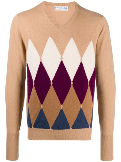 Ballantyne Argyle Knit V-neck Jumper In Brown